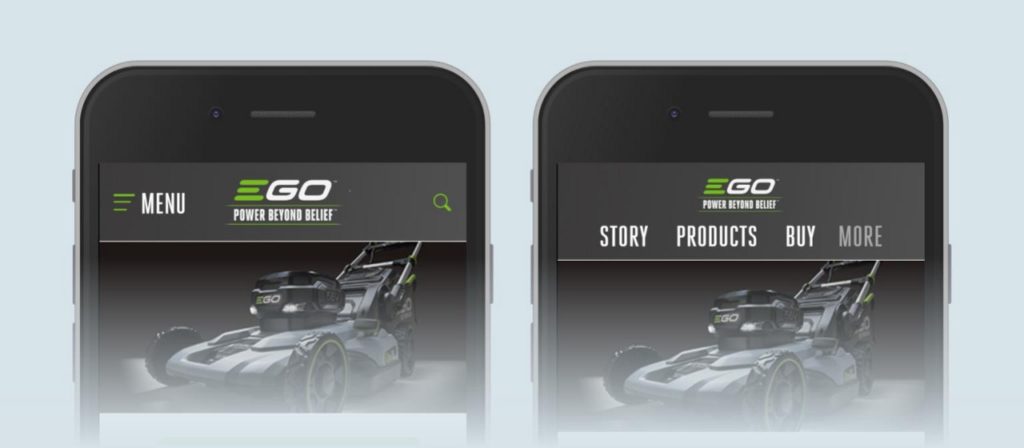 An exposed menu on EGO Power+'s mobile site.