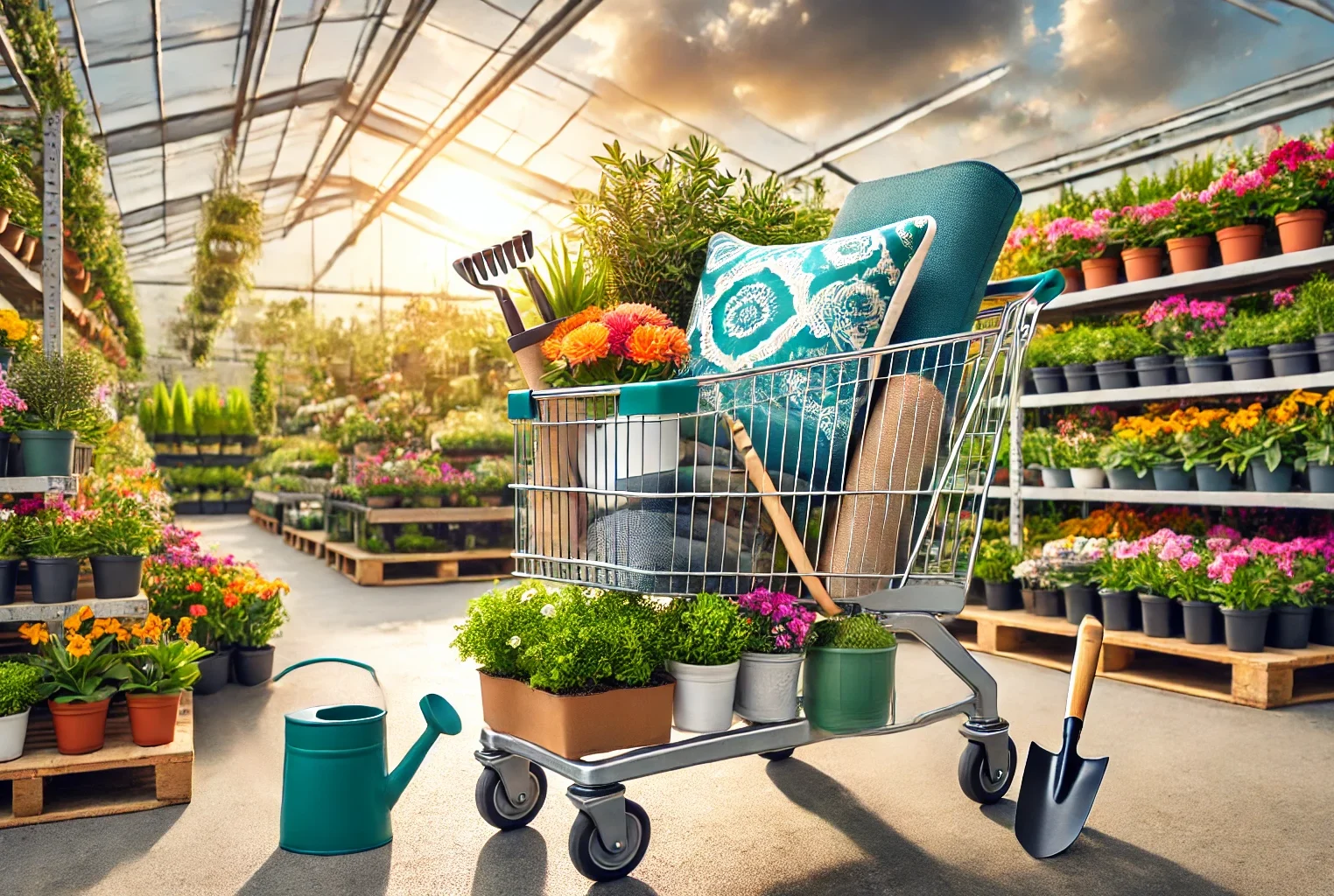 A shopping cart filled with garden essentials in an outdoor garden center. The cart contains a mix of weatherproof cushions, potted plants, gardening