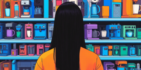 a woman stood in front a wall of coffee machines, overwhelmed and struggling to choose