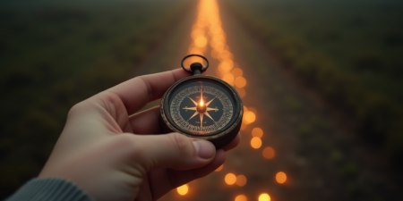 a hand holding a compass that is clearly pointing to the correct path to take