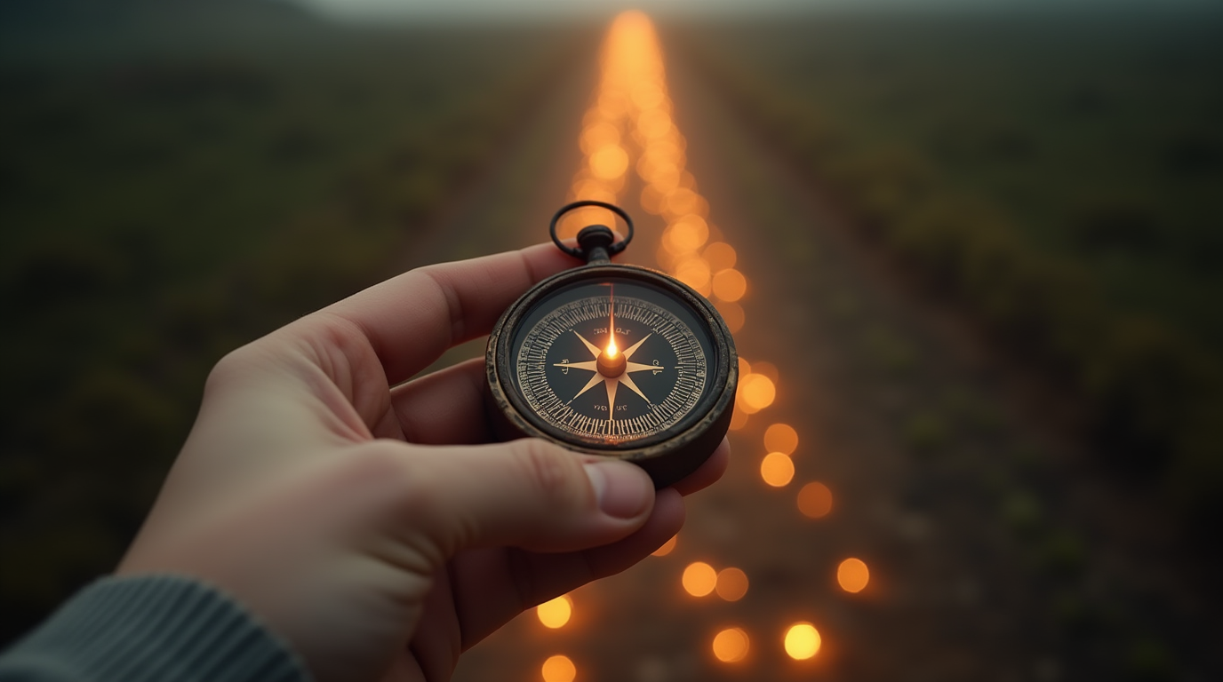 a hand holding a compass that is clearly pointing to the correct path to take
